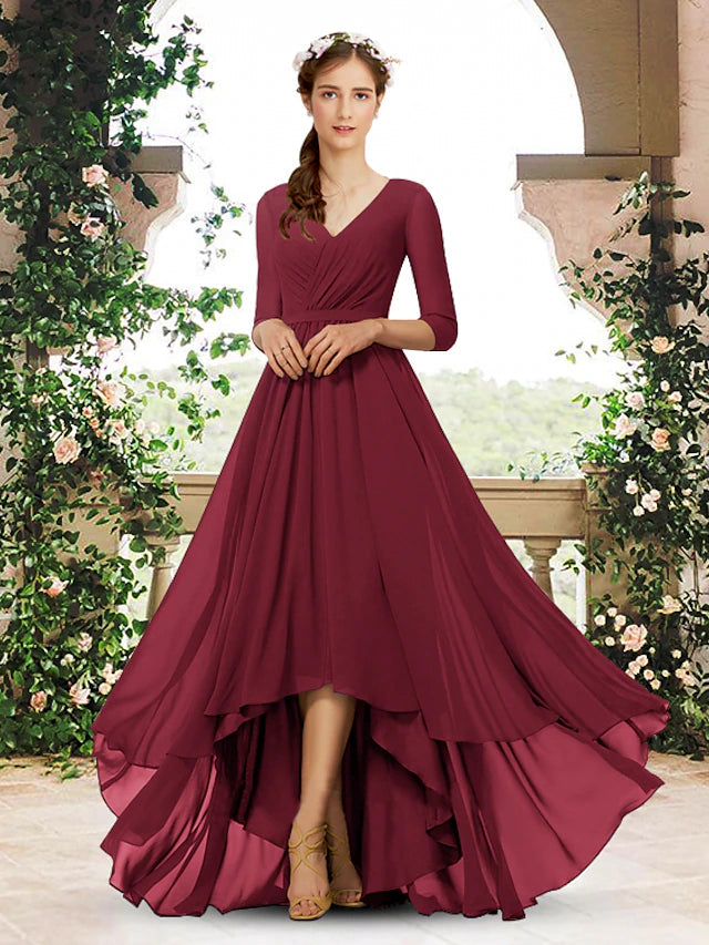 Luolandi A-Line Bridesmaid Dress V Neck 3/4 Length Sleeve Elegant Sweep / Brush Train / Asymmetrical Chiffon